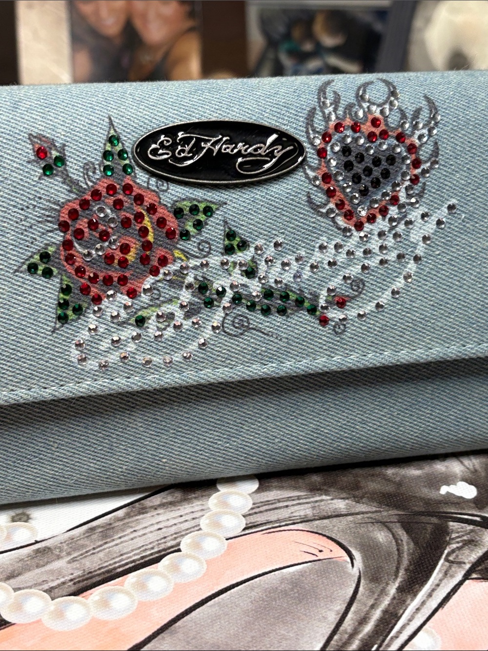 Ed Hardy Denim Light Blue Crystal Rose & Heart Clutch Wallet NEW - Picture 2 of 11